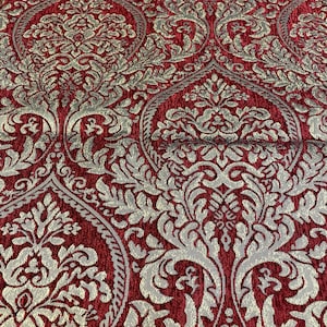 Napoli Gold /on Ruby damask Chenille Damask 56&quot; Wide Fabric with upholstery furniture fabric by the yard