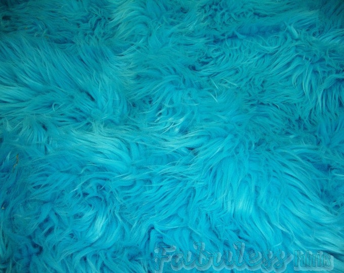 Turquoise Mongolian shaggy faux fur  fabric per yard
