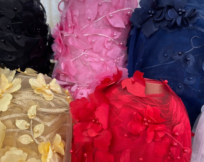 Pink 3d floral design ,embroider with pearls mesh lace scalloped, sold by the yard 54” wide