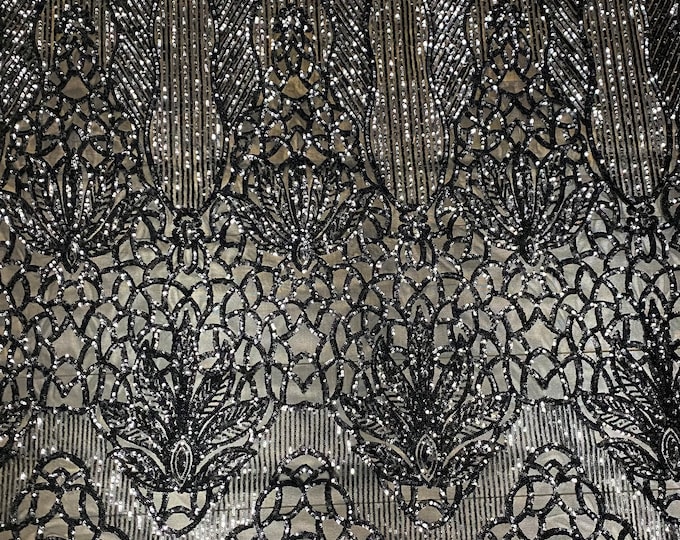 Sequin black on black mesh, 4-way Stretch, Fabric 54" Sold By the Yard, Wedding, Prom, Dresses, Lingerie, Pageant