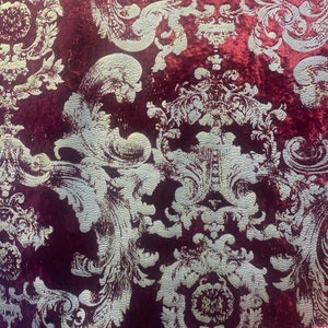 Beige Damask on red high end velvet Upholstery Drapery fabric by the yard 57&quot; Wide
