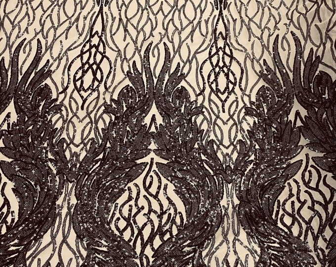 Black damask sequin on stretch nude mesh fabirc 54” wide