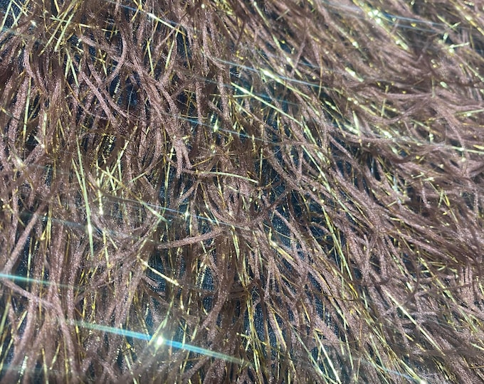 Multi brown /gold feather tinsel on mesh fabric per yard 60" wide