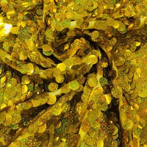 May include: A fabric textile densely covered in round, metallic gold sequins. Each individual sequin features a holographic finish that reflects light with small, multicolored sparkles. The sequins are layered over a light-colored mesh base.
