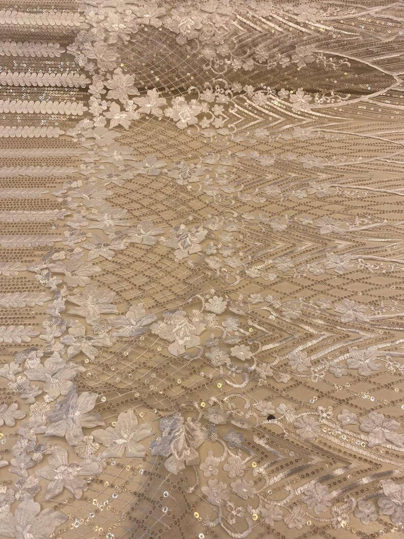 Beige 3D Floral Sequin Lace Fabric on Mesh – Wedding Dress Lace ...