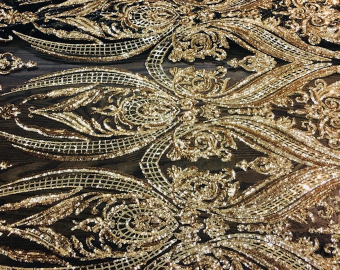 Victorian Egg/Tulip,Gold on black mesh, Big Print, Sequin, 4-way Stretch, Fabric 54" Sold By the Yard