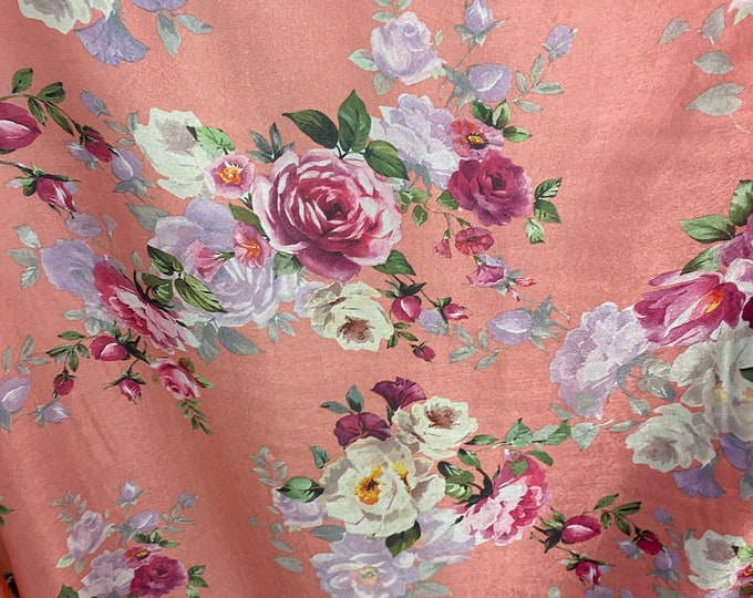 Roses on peach Charmeuse Satin polyester fabric 60" Wide Silky Shinny by the yard