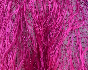 Fuchsia feather tinsel on mesh fabric per yard 60" wide
