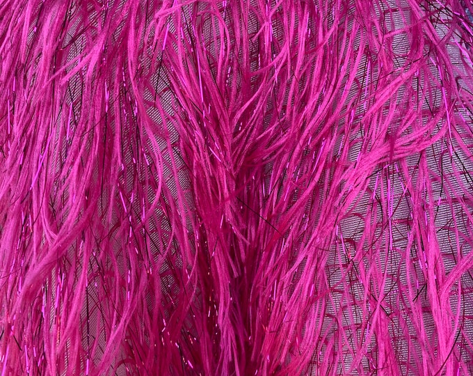 Fuchsia feather tinsel on mesh fabric per yard 60" wide