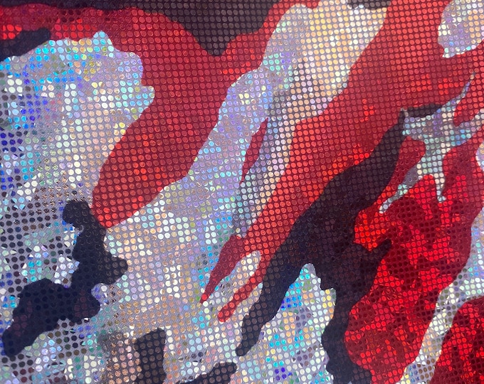 Red camouflage Broken Glass Spandex Metallic foil Fabric by the yard