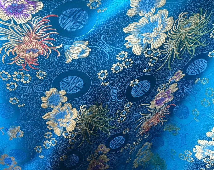 Turquoise  Chinese Brocad Satin Floral wide per yard 45”