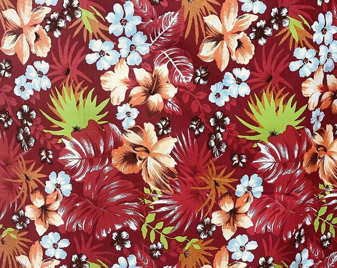 Red Hawaiian Flowers Print Poly Cotton Fabric, Sells by The Yard