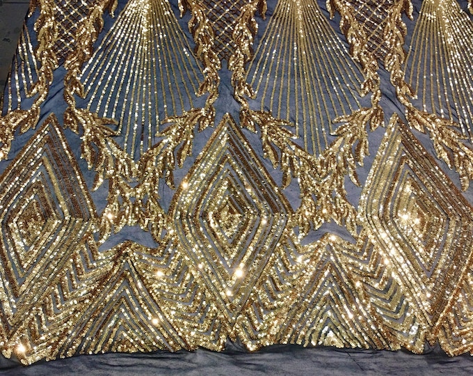 Jewel , Gold Big Print, Sequin, 4-way Stretch, Fabric 54" By the Yard, Wedding, Prom, Dresses, Lingerie, Pageant