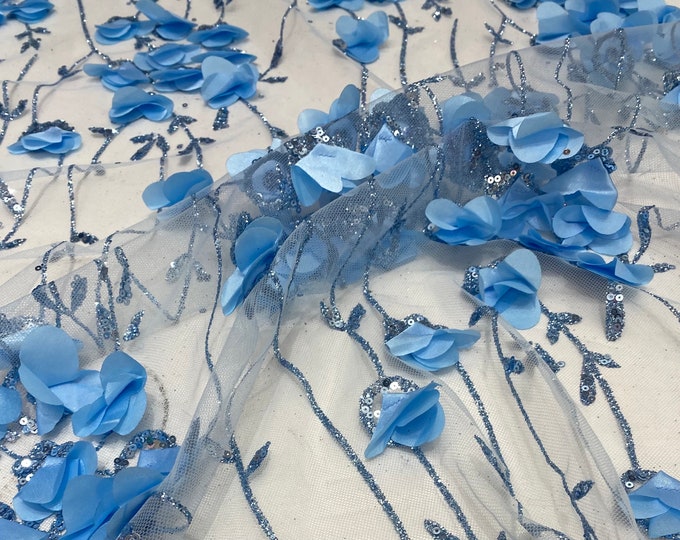 Blue 3d floral design ,embroider with glitter mesh lace scalloped, sold by the yard 54” wide