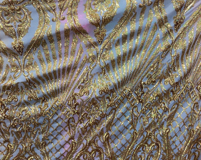 Gold sequin shell damask design on a 4 way stretch mesh fabric -prom-sold by the yard.
