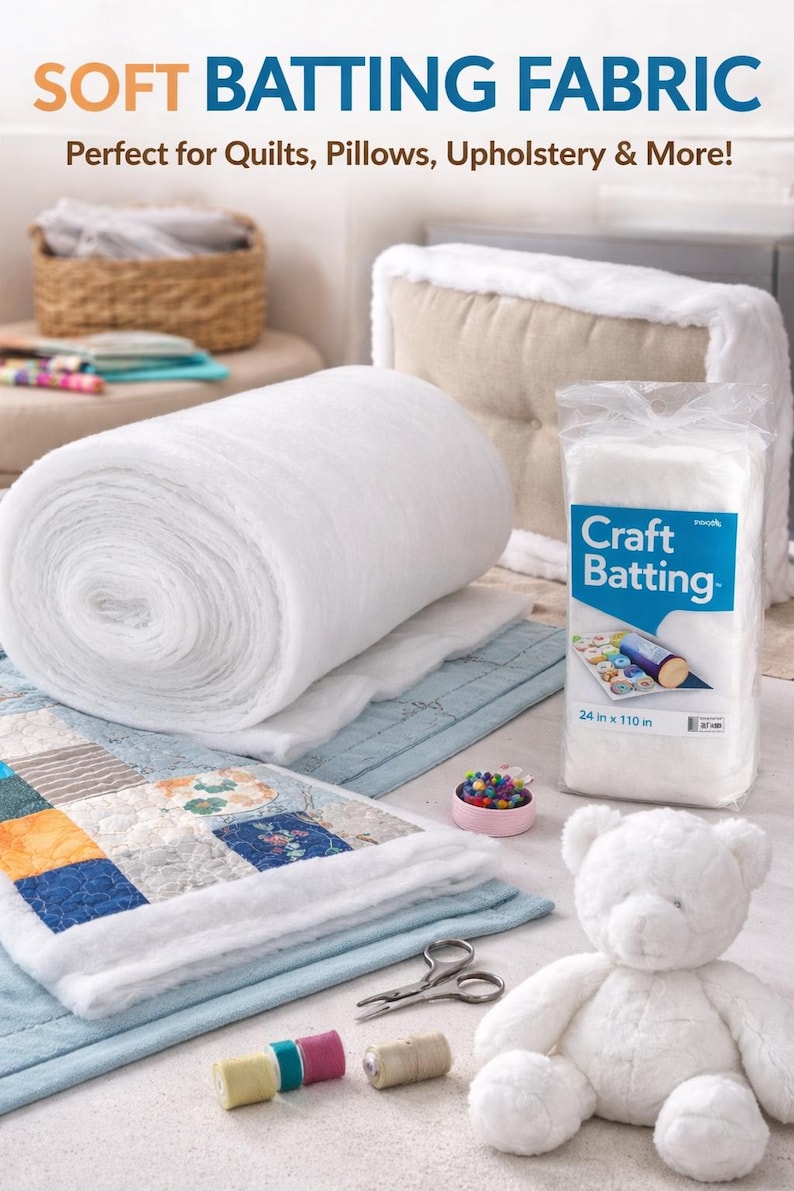 May include: A roll of soft white batting fabric, with a package of Craft Batting, 24 in x 110 in. The image also shows a quilt, a white teddy bear, and sewing supplies. Text on the image reads: SOFT BATTING FABRIC, Perfect for Quilts, Pillows, Upholstery & More!