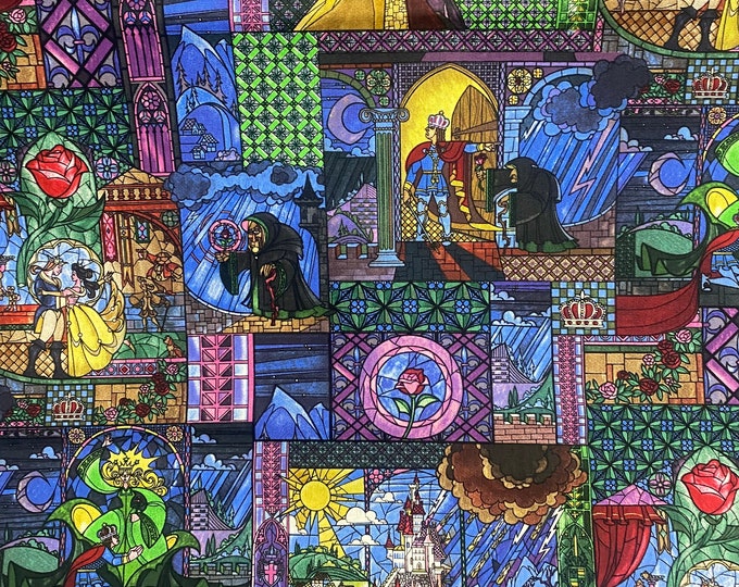 100 % Cotton Fabric - 45 " Wide- Beauty and the Beast/ staintes glass