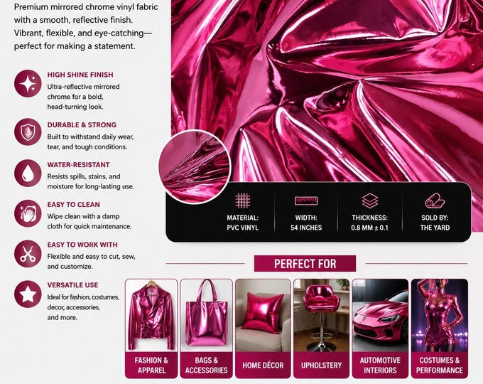 Fuchsia Chrome Mirror Glossy Vinyl Leatherettes Fabric for Shoes Bags Clothing Upholstery Sewing