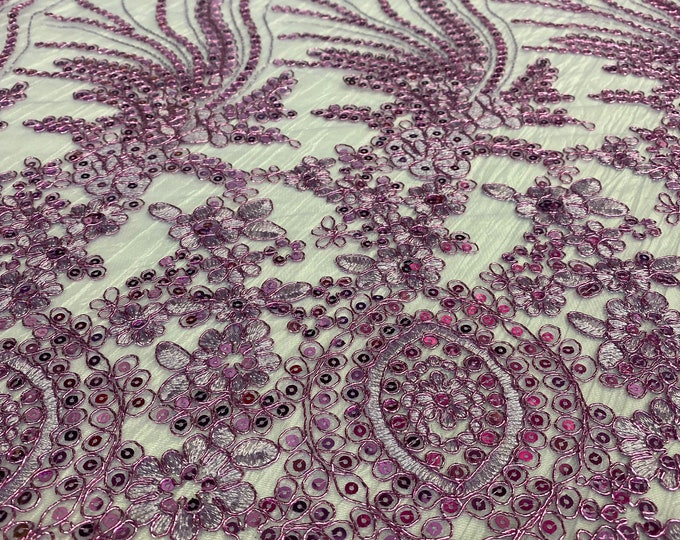 Floral Lace with sequin Fabric By The Yard . Great for Wedding, Prom, Dresses. 54” wide-Lavender