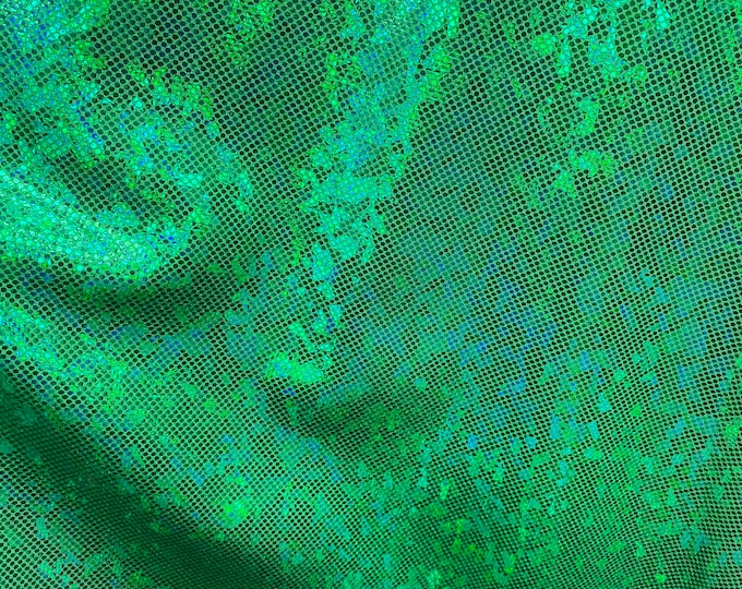 Kelly Green shattered Metallic Spandex Hologram fabric per yard