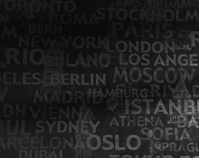 Black with Black  World City Names and symbols upholstery Faux Leather vinyl fabric per yard