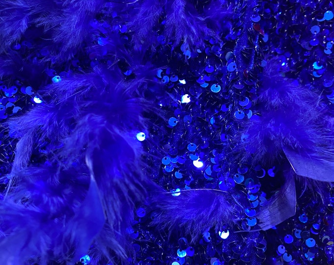 Royal sequin stretch velvet with feathers , 4-Way stretch  fabric by the yard 60" Wide