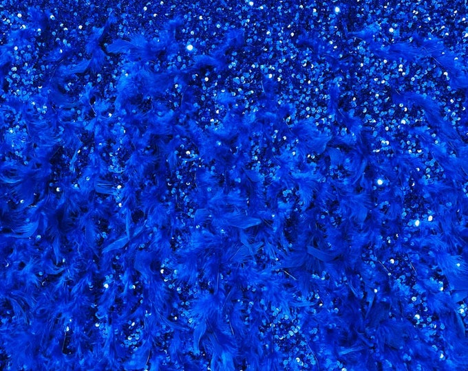 Blue sequin stretch velvet with feathers , 4-Way stretch  fabric by the yard 60" Wide