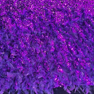 Purple sequin stretch velvet with feathers , 4-Way stretch  fabric by the yard 60&quot; Wide