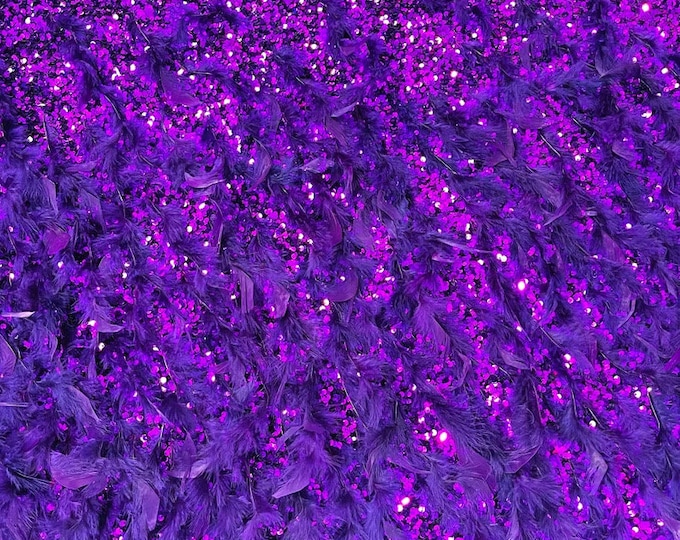 Purple sequin stretch velvet with feathers , 4-Way stretch  fabric by the yard 60" Wide