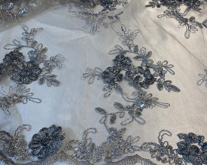 Silver floral lace ,embroider with sequin on mesh scalloped, sold by the yard 54” wide