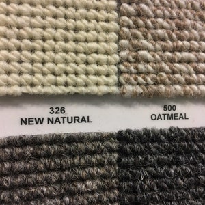 May include: Four carpet samples in different colors and textures. The top row shows a light beige sample labeled "326 NEW NATURAL" and a light brown sample labeled "500 OATMEAL". The bottom row shows a dark gray sample and a black sample.