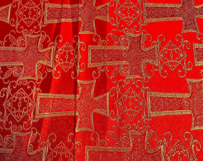 Red Gold Cross Jacquard Satin Fabric – Religious Brocade Cloth for Vestments, Church Decor, Costumes & Crafts