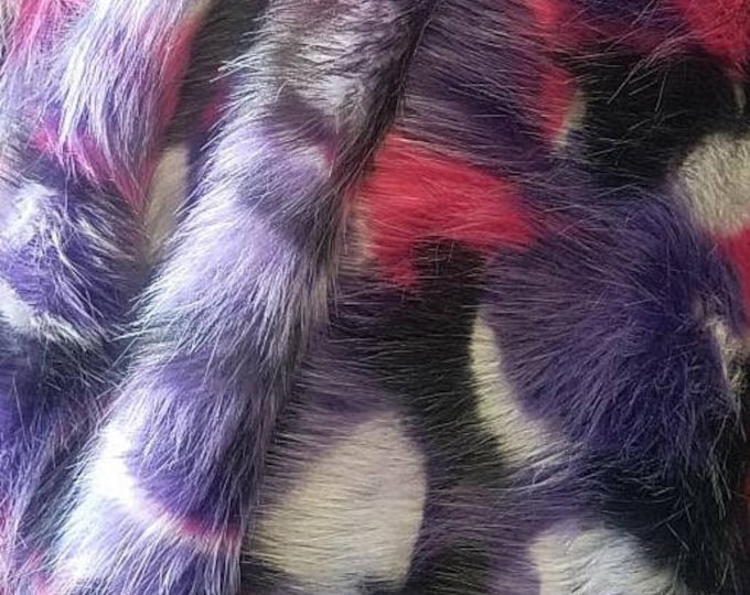 58"  Wide Festive, Purple, Fuchsia, Black, White Mottled Faux Fur Upholstery Fabric by the yard