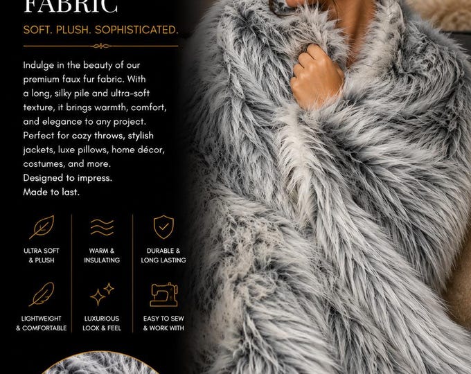 Luxurious Silver Gray Faux Fur Fabric, Long Pile Upholstery by Yard