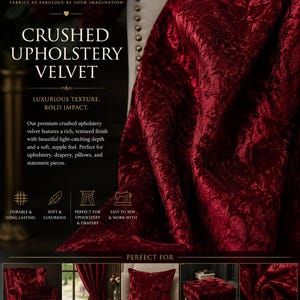 May include: Deep red crushed upholstery velvet fabric with a textured, light-catching surface. The text reads Fabuless Fabrics, Crushed Upholstery Velvet, Luxurious Texture, Bold Impact, Durable & Long Lasting, Soft & Luxurious, Perfect for Upholstery & Drapery, Easy to Sew & Work With, and Perfect For Upholstery, Drapery, Pillows, Ottomans, Crafts & More.