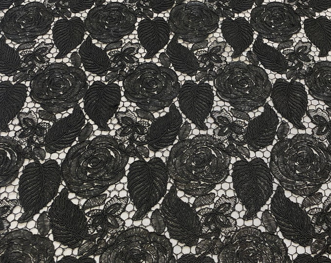 Black corded lace Floral scalloped Fabric Sold By The Yard
