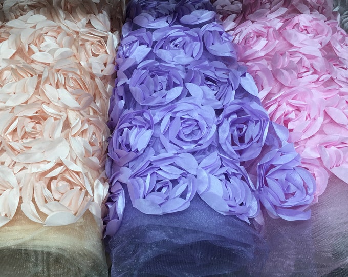 Satin Bridal Petal Rosette on mesh Floral Fabric 52" Wide Sold By The Yard