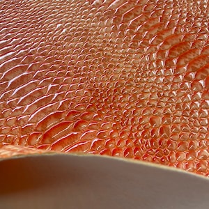 May include: Close-up of a textured, glossy material with a reptile-like pattern. The surface is a blend of orange and reddish-brown hues, with a slight sheen. The material is slightly curved, revealing a neutral-colored underside.