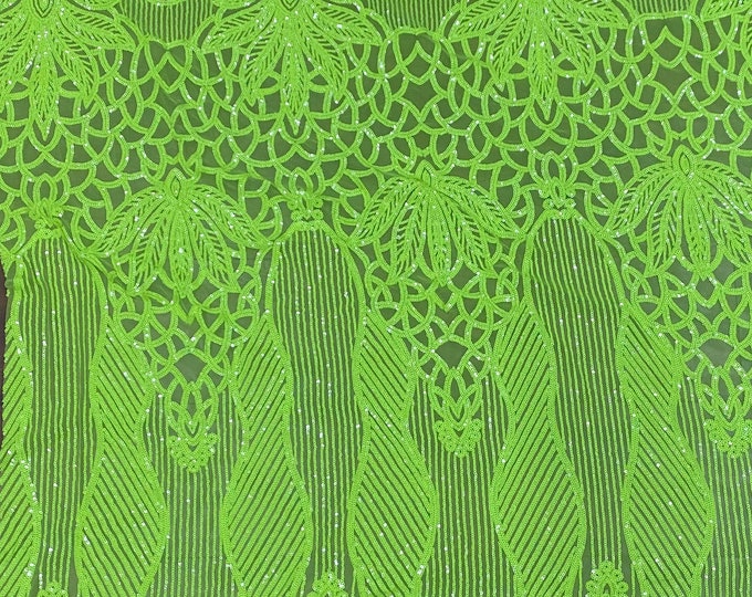 Sequin lime on lime mesh , 4-way Stretch, Fabric 54" Sold By the Yard, Wedding, Prom, Dresses