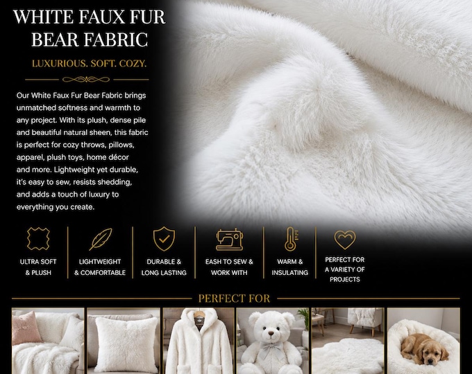 White Bear Short Hair Faux Fur Fabric – Soft Plush Fur by the Yard, Luxury White Faux Fur for Sewing, Upholstery, Costumes, and Crafts