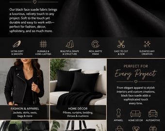 Black micro faux suede upholstery fabric BY THE YARD 58" Wide No Stretch