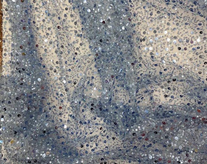 Light blue Beads, Pearls and Sequin All Over Mesh Lace by the yard 54” wide