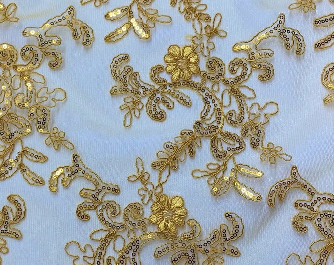 Elena mango yellow corded Floral lace with sequin Fabric Sold By The Yard