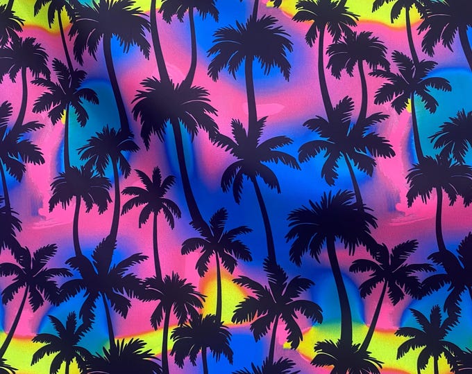 Dark Neon Tropical Palm Tree Fabric – Vibrant Blue Silhouette on Pink, Sunset Ombre – Spandex Polyester, 60” Wide