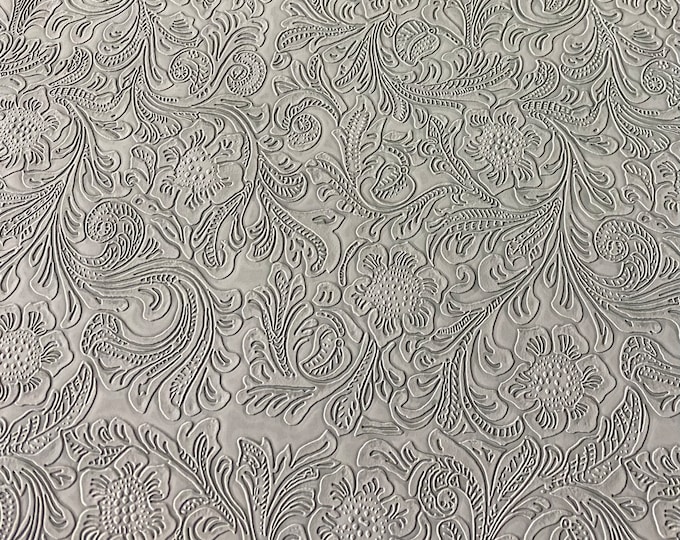 Silver gray Western Embossed Floral faux leather vinyl fabric by the yard 54" Wide