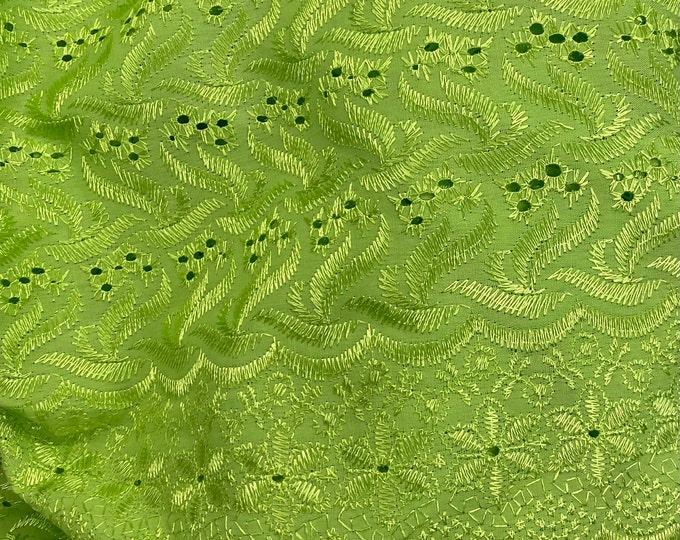 Lime Medium Weight Eyelet Double Scalloped Finished Edge Stitched Embroidery Poly Cotton Fabric, 42" Wide