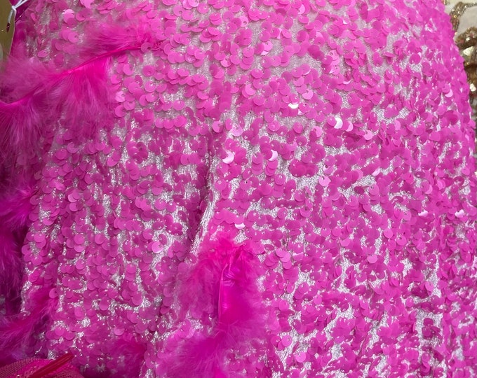 Hot pink sequin stretch velvet with feathers , 4-Way stretch  fabric by the yard 60" Wide