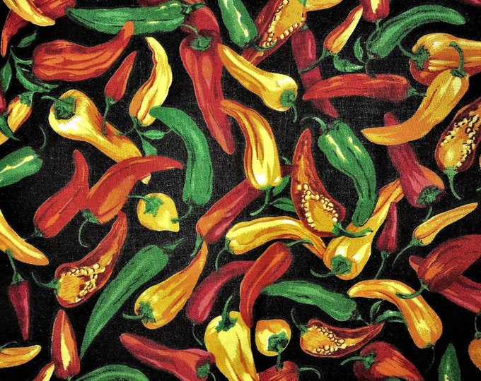 Colorful HOT CHILIS Poly Cotton Print Fabric on black 60” wide