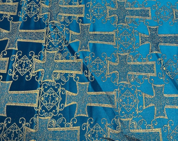 Turquoise Gold Cross Jacquard Satin Fabric – Religious Brocade Cloth for Vestments, Church Decor, Costumes & Crafts