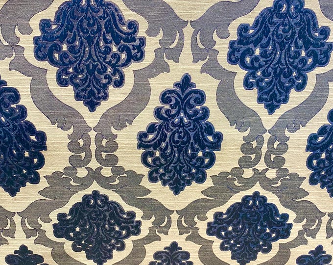 Luxury Blue Damask Jacquard Upholstery Fabric – Elegant Baroque Pattern by the Yard